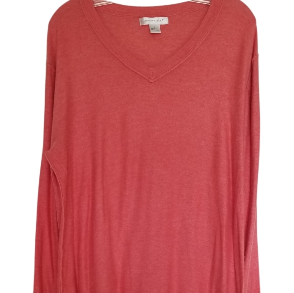 August Silk pink orange  v neck silk blend long sleeve sweater Large